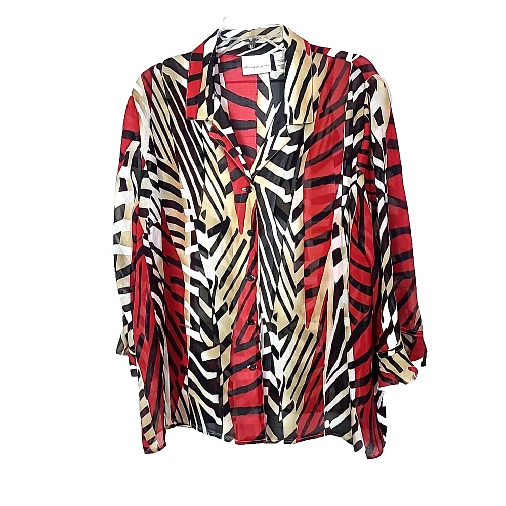 Alfred Dunner Red Striped Semi Sheer Long Sleeve Button Front Top Womans Size 16
